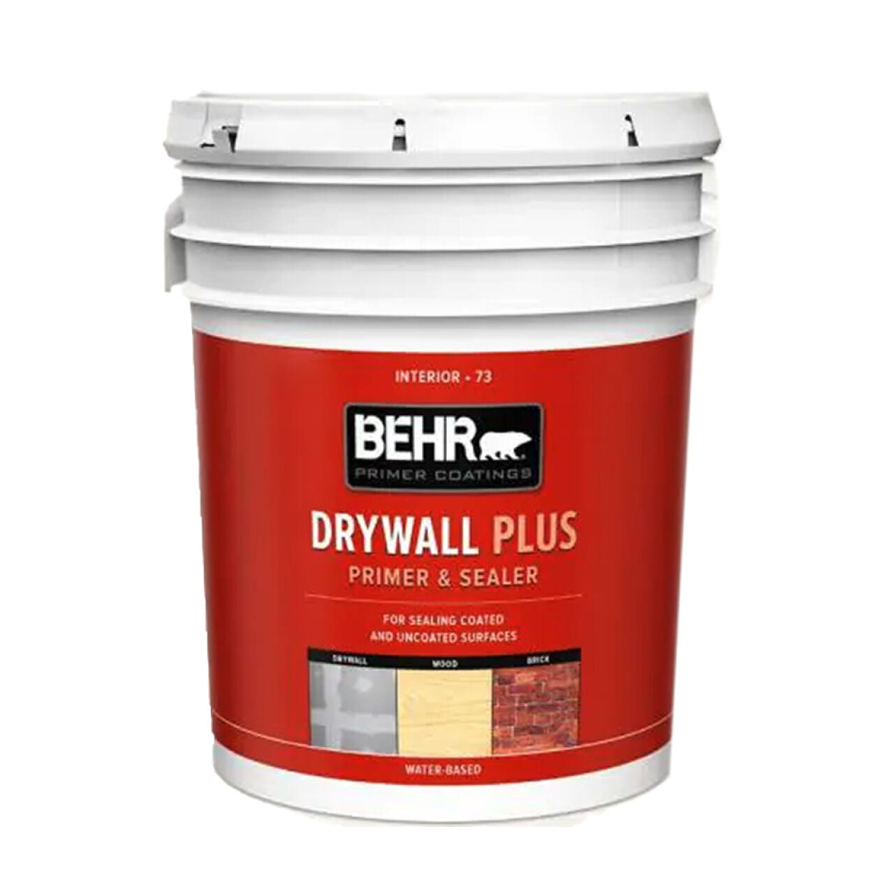 A 5-gal. white bucket of Go Build Acrylic Interior Drywall Plus Primer & Sealer—perfect for priming and sealing coated or uncoated drywall, wood, and brick.